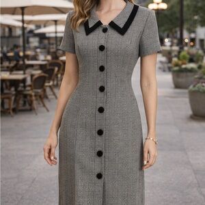 Plaid Midi Sheath Dress with Black Trim and Buttons
